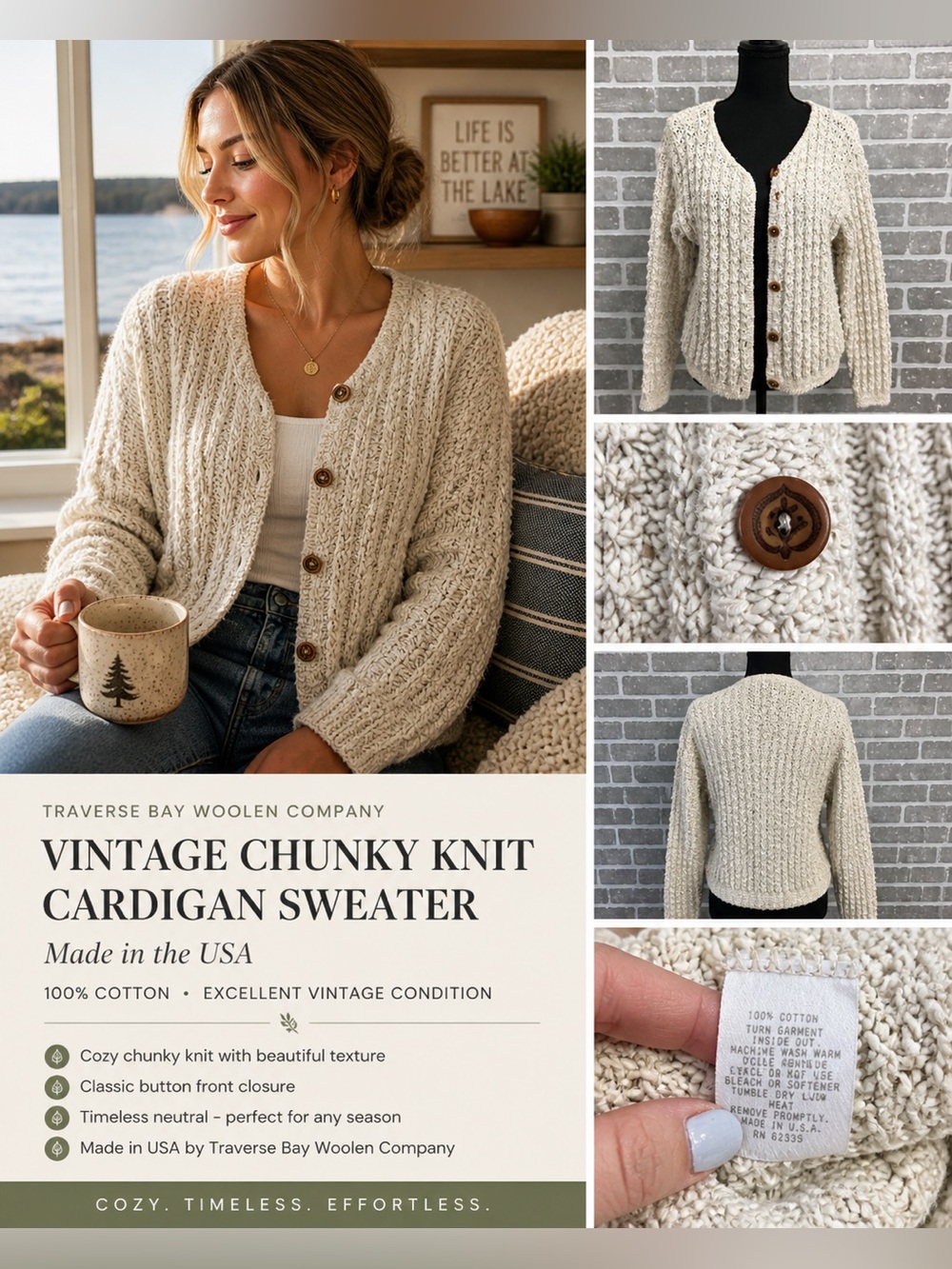 Traverse Bay Woolen Co Vintage Chunky Knit Cardigan USA Cottagecore Sweater